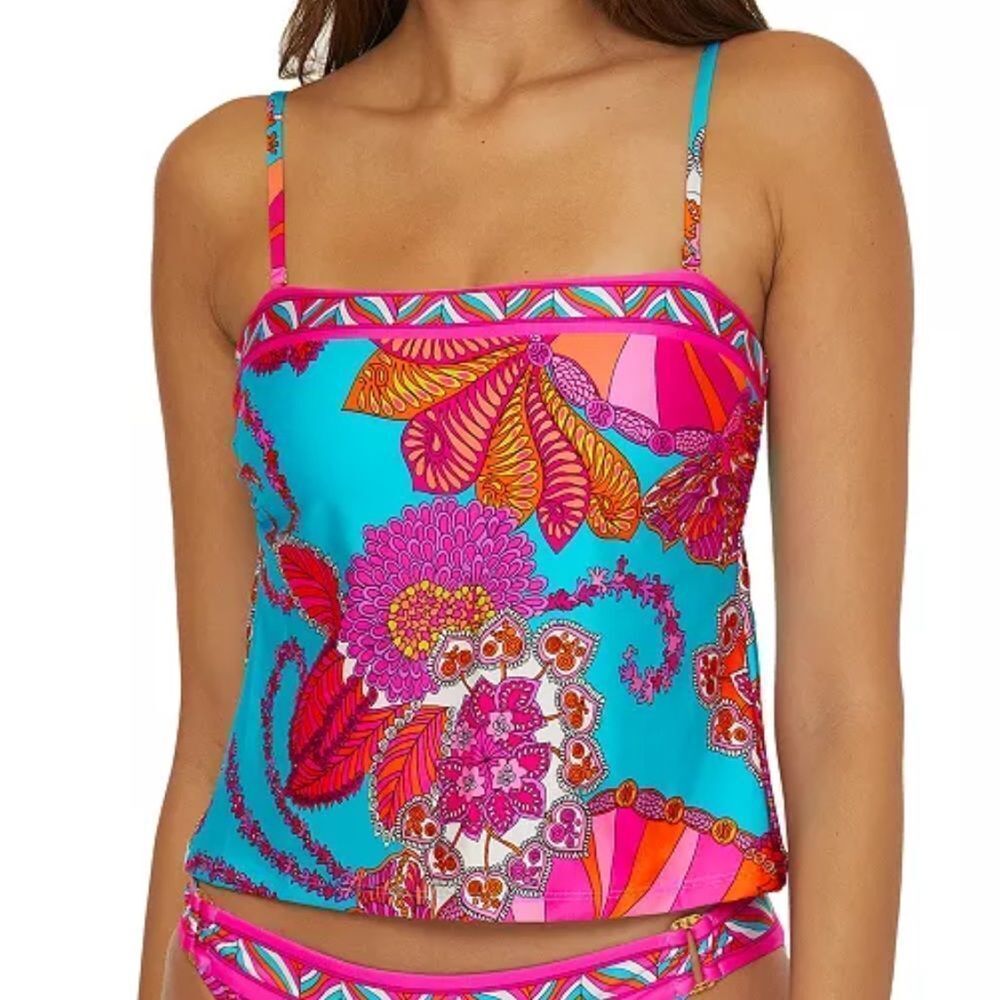 Trina Turk Swim Meilani Border-Print Tankini Top Blue/Pink Multi. Size 2 NWT!